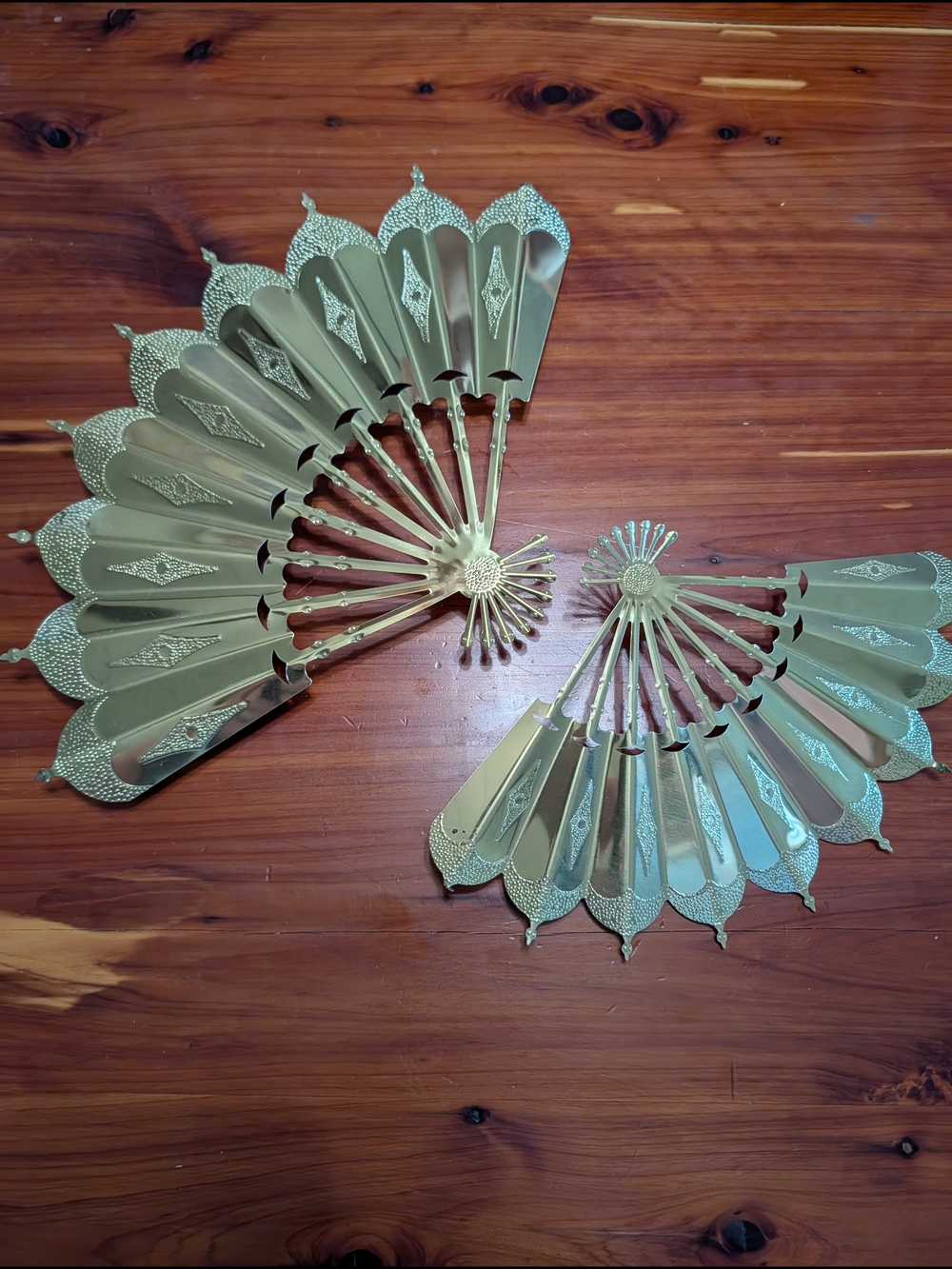 Decorative Metal Hand Fans - Gold Tone Pair